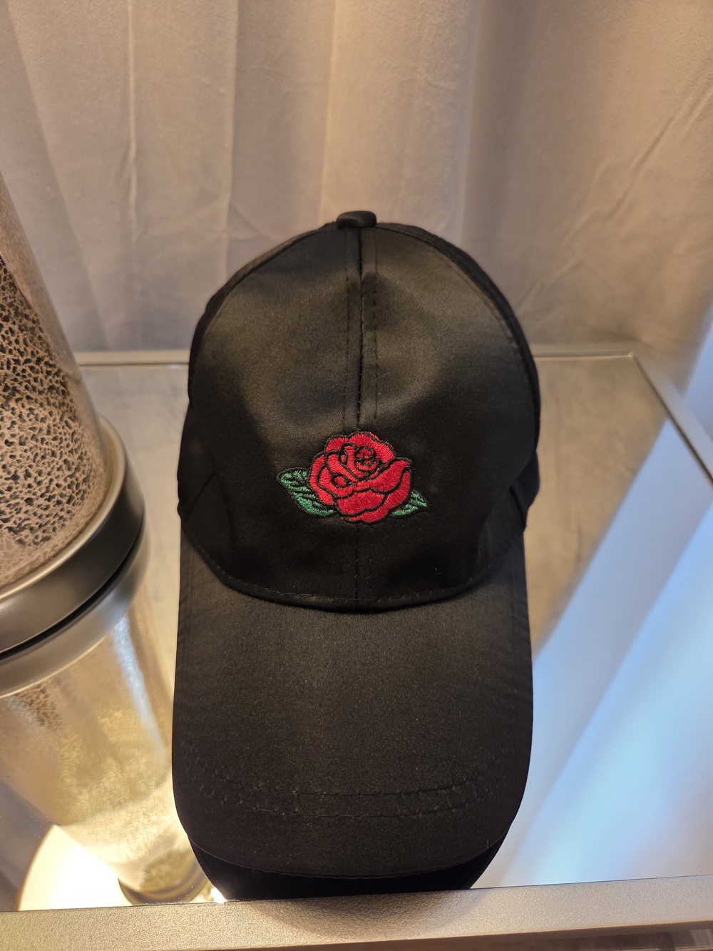 Black Baseball Cap with Red Rose Embroidery